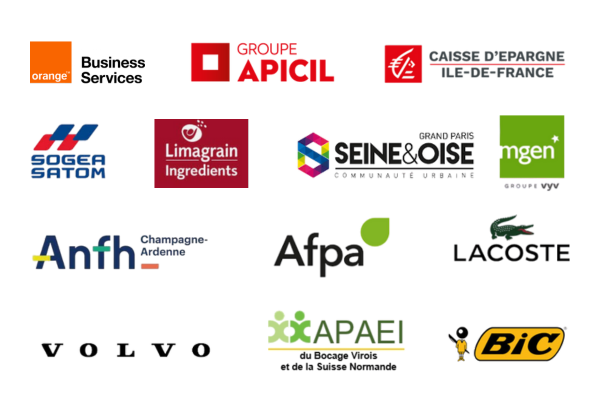 Orange Business Services, Groupe APICIL, Caisse d'Épargne Île de France, SOGEA SATOM, Limagrain Ingrédients, Grand PAris Seine & Oise, MGEN, ANFH Champagne Ardennes, AFPA, LAcoste, Volvo, APAEI du Bocage Virois et de la Suisse romande, BIC.
